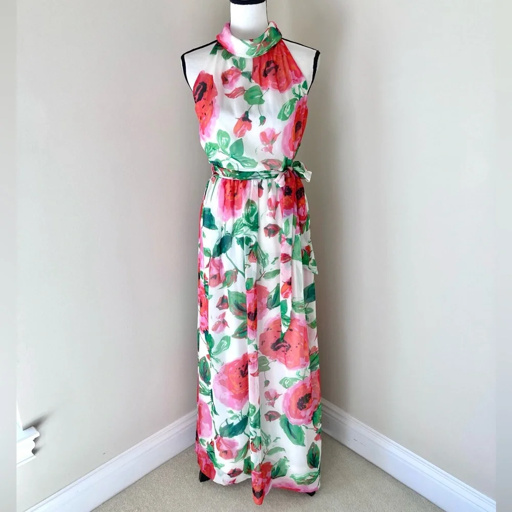 Jessica Howard Floral Chiffon Feminine Halter Maxi Dress Size 6